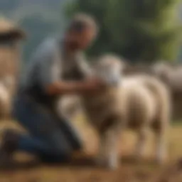 Artisan skillfully shearing a sheep in a serene farm setting