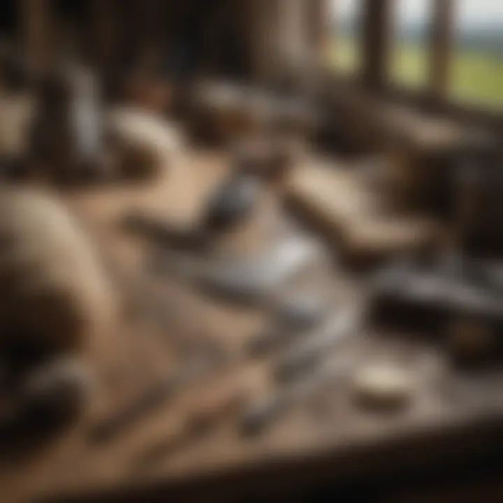 Essential tools arranged neatly for sheep shearing, emphasizing craftsmanship