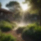 A drone view of a lush garden showcasing efficient irrigation systems