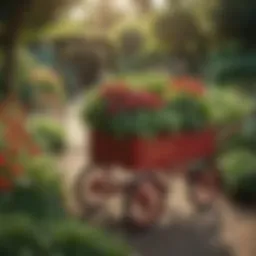 A vintage red wagon garden cart parked in a lush garden filled with flowers and vegetables