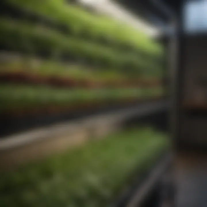 A lush urban garden thriving with a microgreen rack installation.