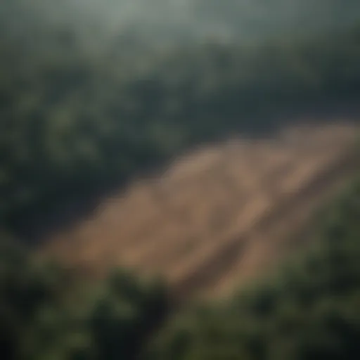 Aerial view of deforested land showing stark contrast between cut forest and untouched area