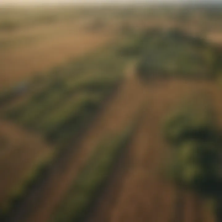 An aerial view of a diverse agricultural landscape, illustrating the impact of localized practices on land management.
