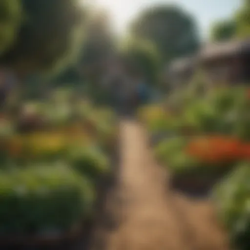 A vibrant community garden showcasing diverse crops and sustainable farming techniques.