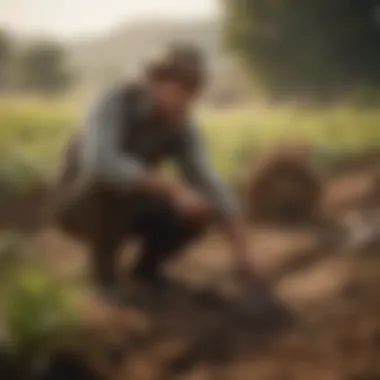 A farmer utilizing traditional tools to cultivate the land, emphasizing the blend of old and new methods.