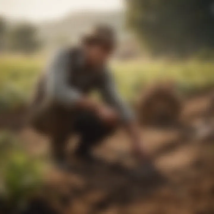A farmer utilizing traditional tools to cultivate the land, emphasizing the blend of old and new methods.