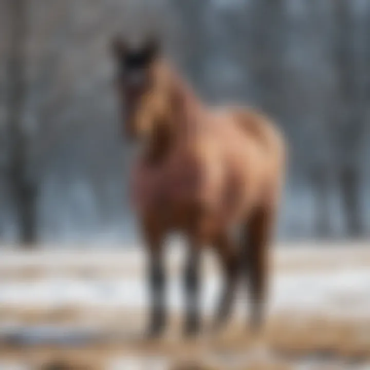 A horse wearing a weaver turnout blanket in a snowy pasture, demonstrating its protective features.