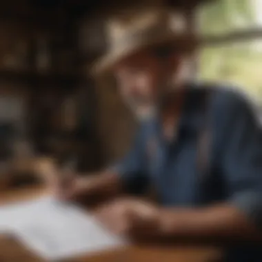 Farmer Reviewing Financial Statements A farmer reviewing financial statements