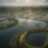 A panoramic view of an aquaculture farm showcasing various aquatic species thriving in their habitats.