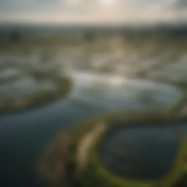 A panoramic view of an aquaculture farm showcasing various aquatic species thriving in their habitats.