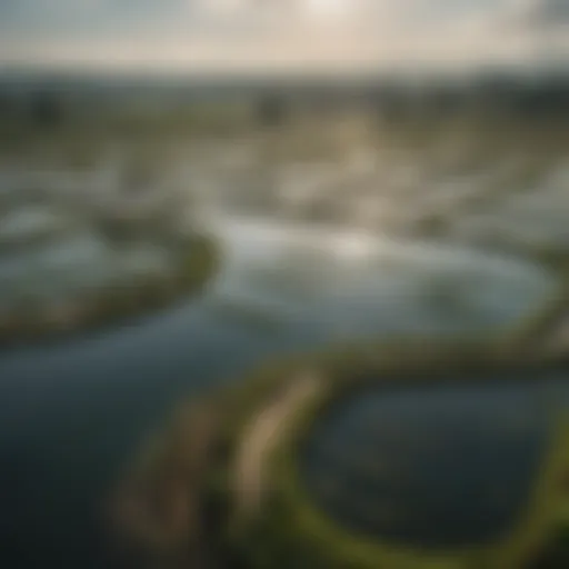 A panoramic view of an aquaculture farm showcasing various aquatic species thriving in their habitats.