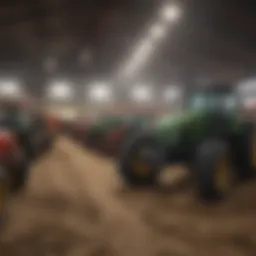 A wide view of an agricultural equipment auction event showcasing various machinery.