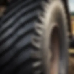 Close-up view of a large agricultural tractor tire showcasing tread patterns