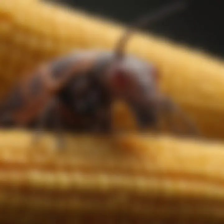 Close-up view of corn bugs on a cob