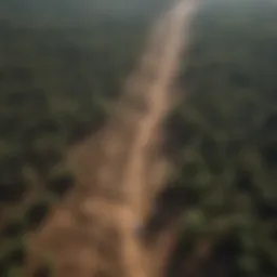 Aerial view of deforested land showing stark contrast between forested and barren areas