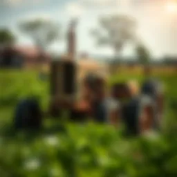 A vintage tractor parked on a lush green farm, symbolizing agricultural history