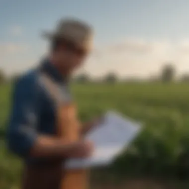 Farmer Reviewing Lease Agreement A farmer reviewing a lease agreement in the field