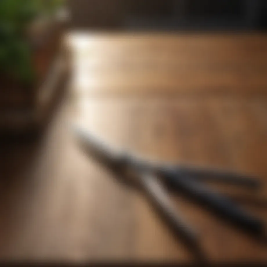 Close-up of garden pruning scissors on a wooden table