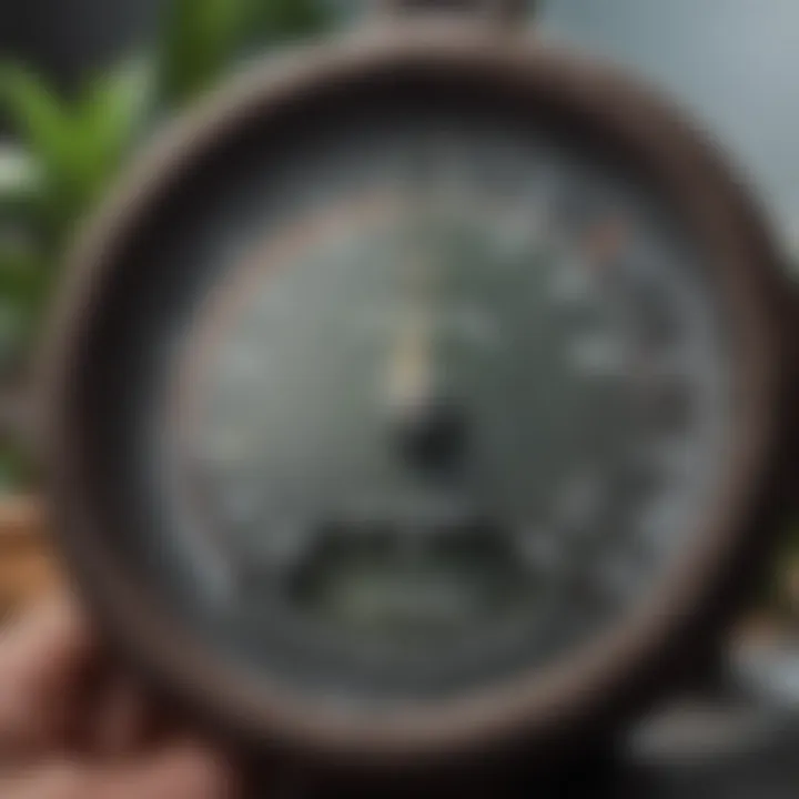 A close-up view of a hygrometer measuring humidity levels