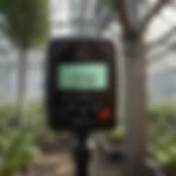 Close-up of a light meter measuring lumens in a greenhouse