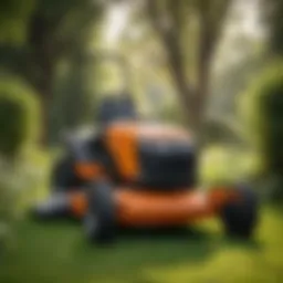 A sleek, motorless lawn mower in a lush garden setting