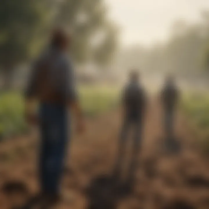 A group of farmers engaging in a community discussion about sustainable agriculture.