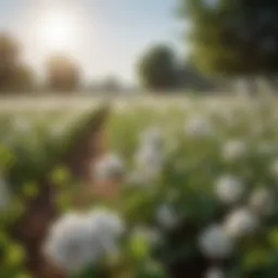 A lush field of organic cotton plants basking in sunlight, showcasing the vibrant green leaves and fluffy, white cotton blooms.