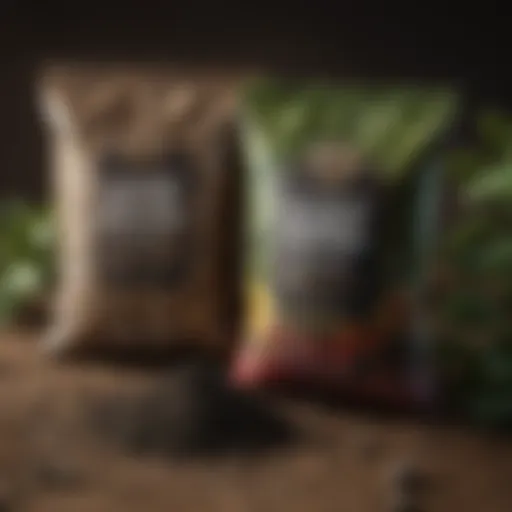 A close-up shot of organic fertilizers in different packaging