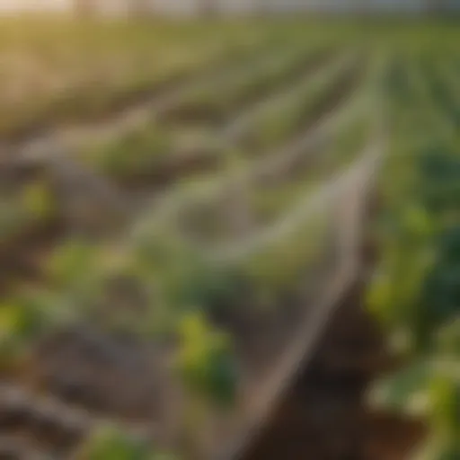 A close-up view of saining nets in a vibrant vegetable field