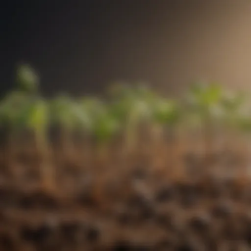 Close-up view of germinating seeds in soil