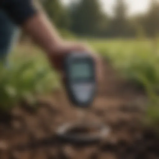 A close-up view of a soil pH tester displaying readings