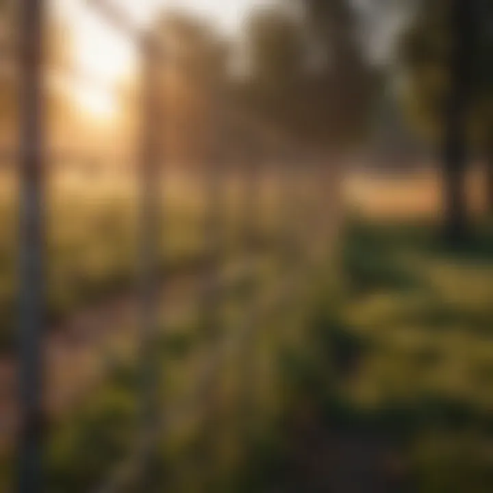 Close-up of hot wire fencing in a rural setting