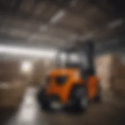A forklift maneuvering through an agricultural warehouse