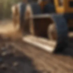 Detailed view of a tractor grader blade in action