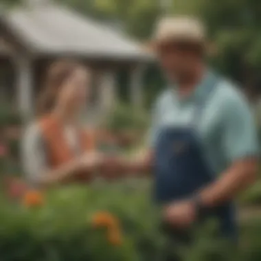 An engaging interaction between a dealer and a customer in a horticultural setting.