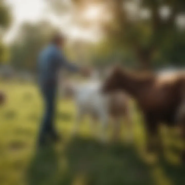 A farmer examining goats in a lush pasture.