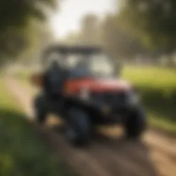 A rugged side by side utility vehicle navigating through a lush farm field