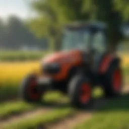 A used sub-compact tractor in a vibrant field