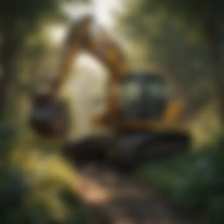 Excavator navigating through dense vegetation