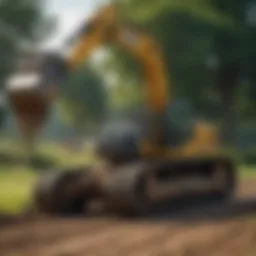 Excavator with mower head in action on a landscape