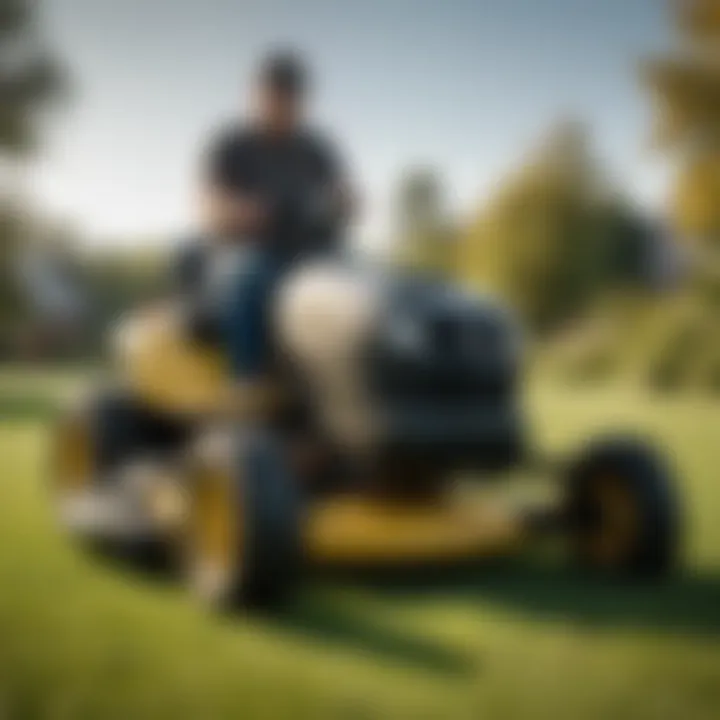 A customer examining a Poulan lawn mower's features